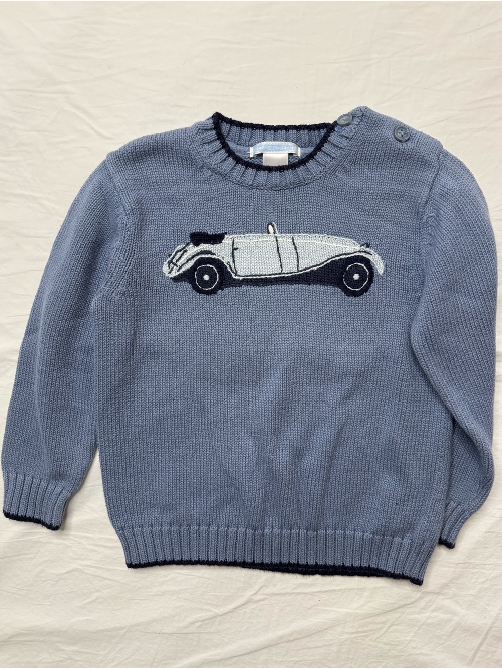 Janie & Jack - Light Blue Ribbed Knit Crewneck Sweater with Vintage Car Motif